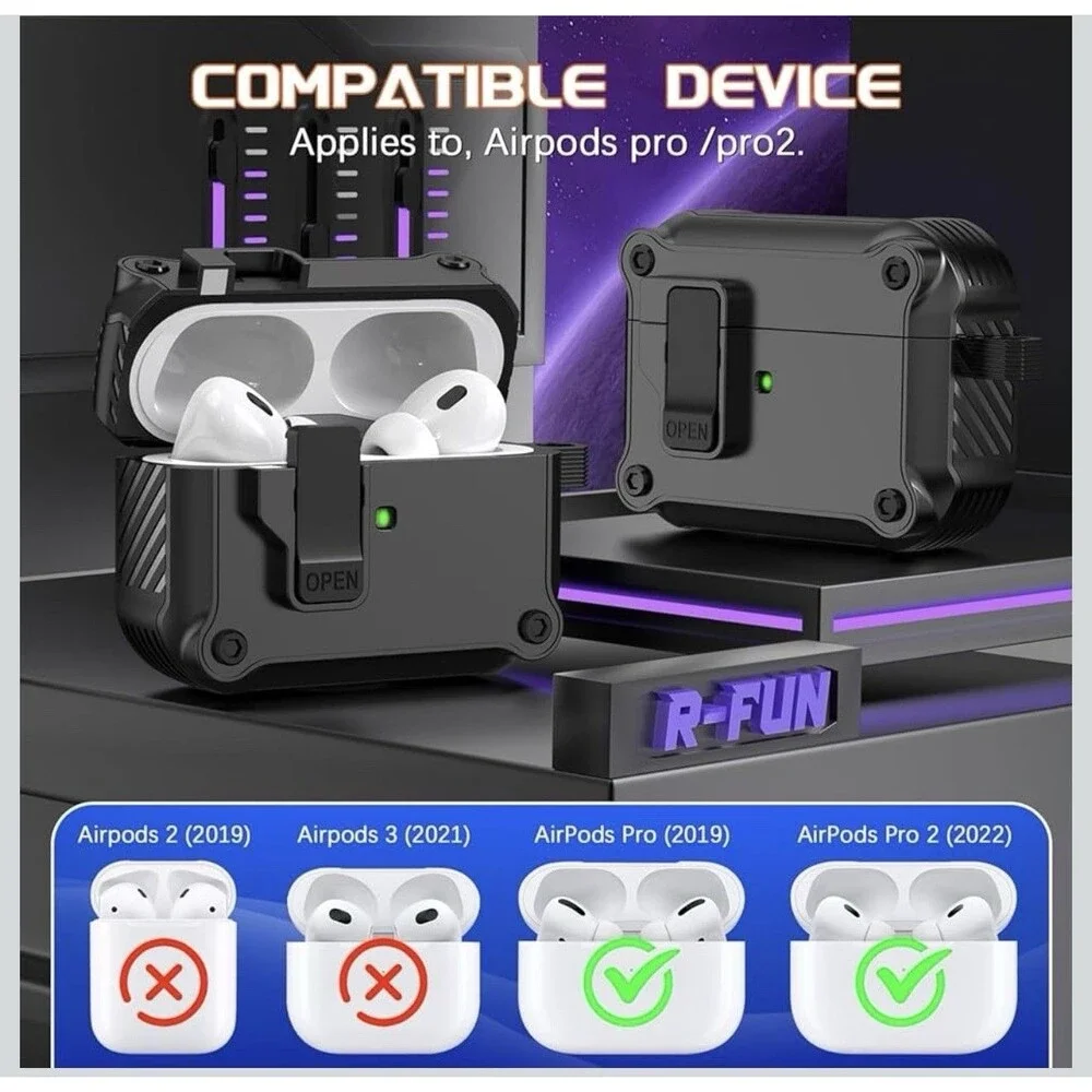 R-fun for AirPods Pro 2 Case Cover w/Lock & Cleaning Kit, Keychain, Magnetic Lid